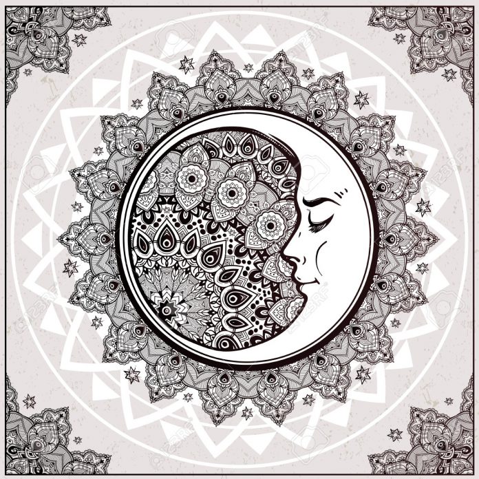 Bohemian ornate vector crescent moon. Mesec i osećaj sigurnosti